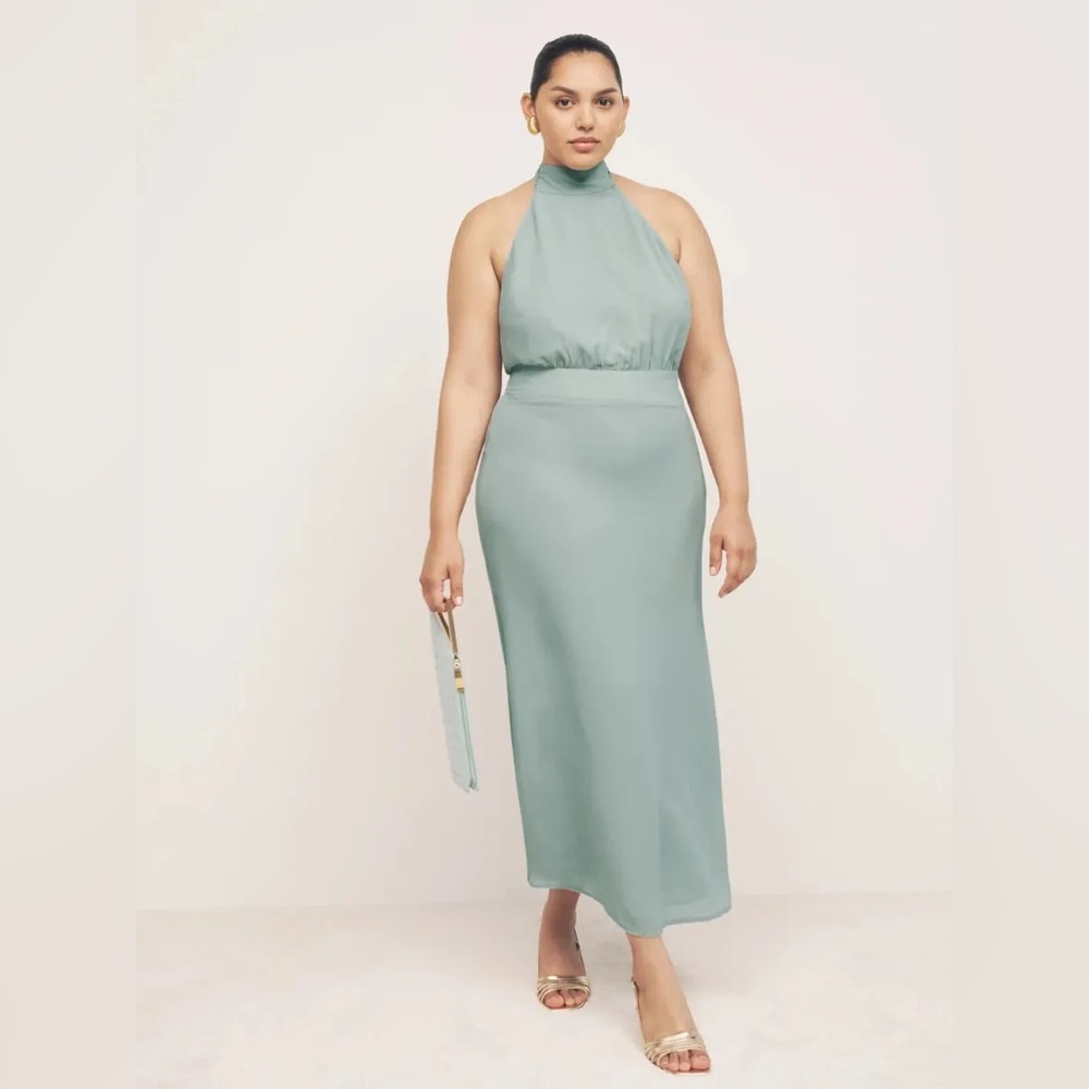 REFORMATION Celadon Mint Green Lizbeth Halter Open Back Fitted Midi Dress